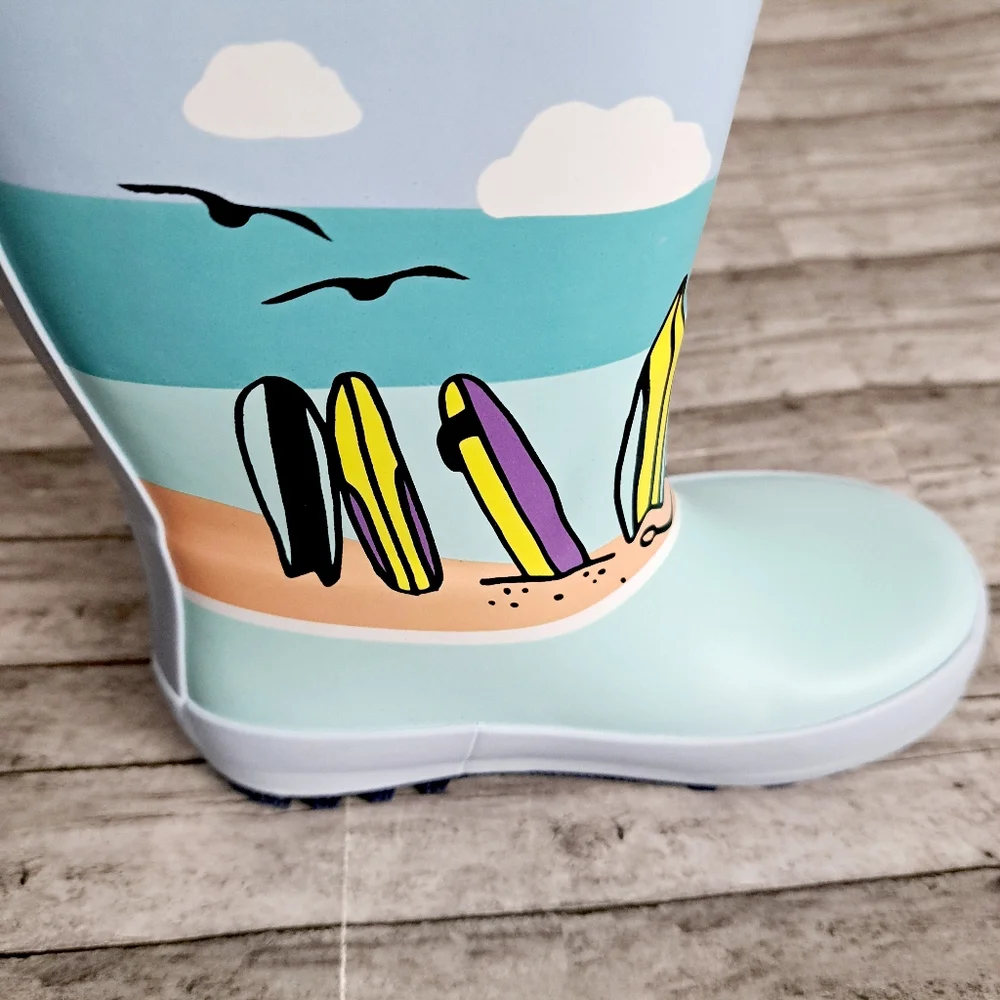 Cat & Jack Boy's Evan Blue Toddler Beach Scene Rubber Slip-on Rain Boots Sz 7